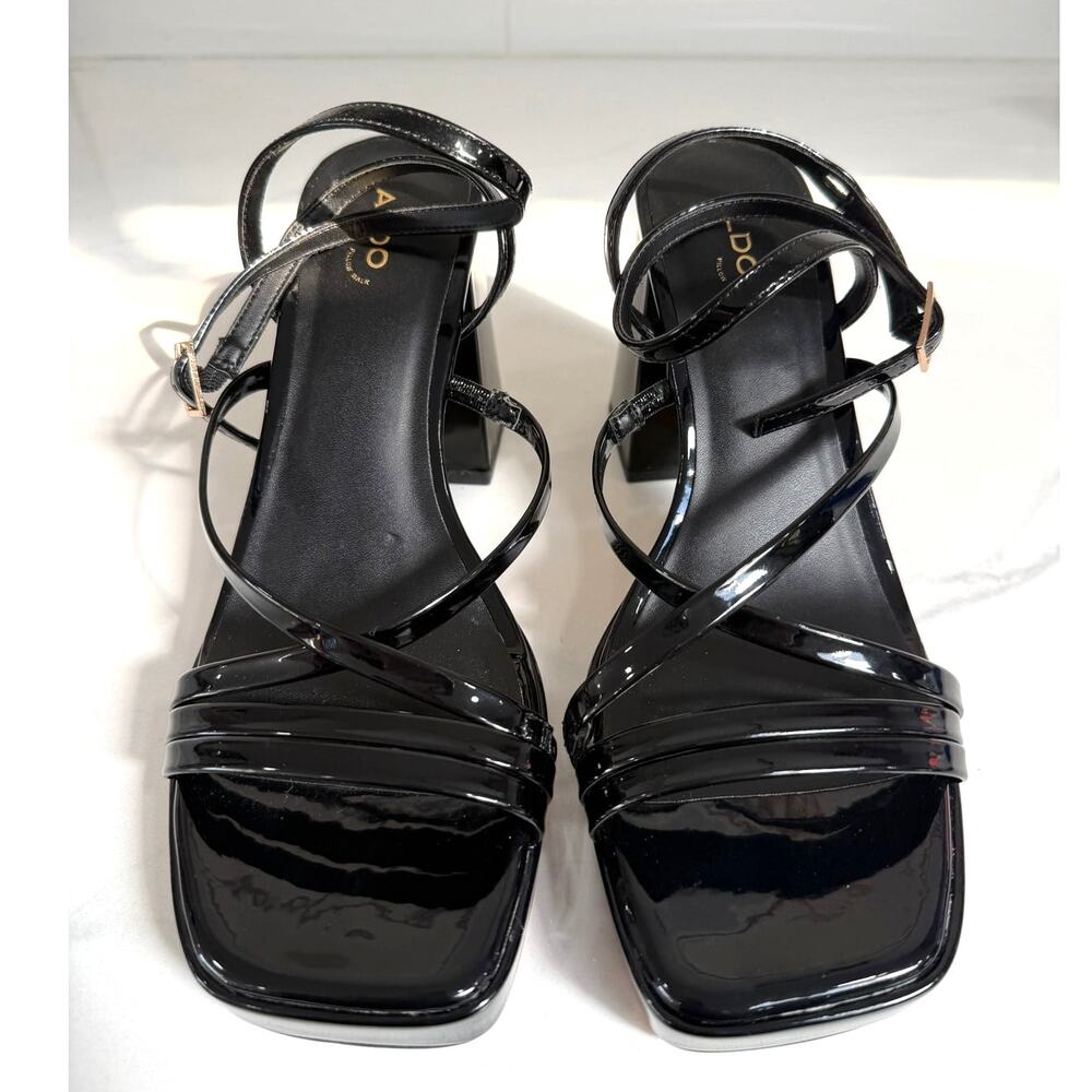 ALDO Black Patent Strappy Sandals Block Heel Square Toe Dressy Ankle Buckles 8.5